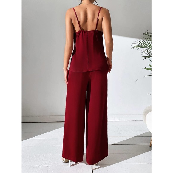2 piece set: Draped Collar Cami Top Wide Leg Pants maroon red - Picture 2 of 11